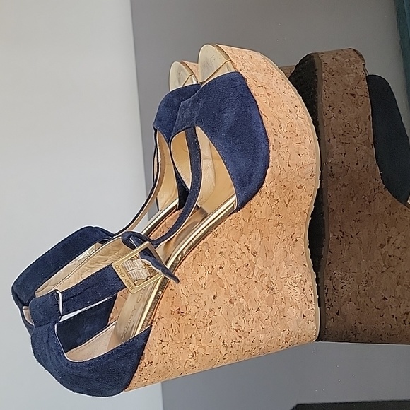 Jimmy Choo Blue Suede T Strap wedges 38.5 - Picture 2 of 7